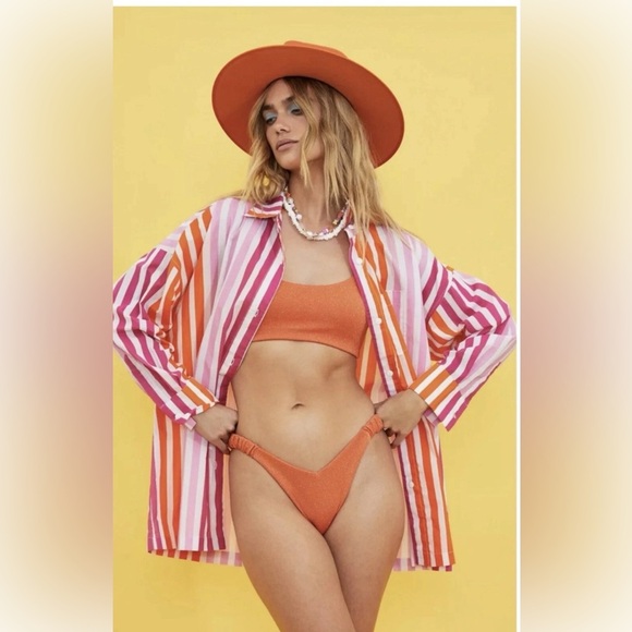Beach Riot Alexa Button Down Cover Up Long Sleeve Orange Pink White‎ Size L/XL - Picture 5 of 6